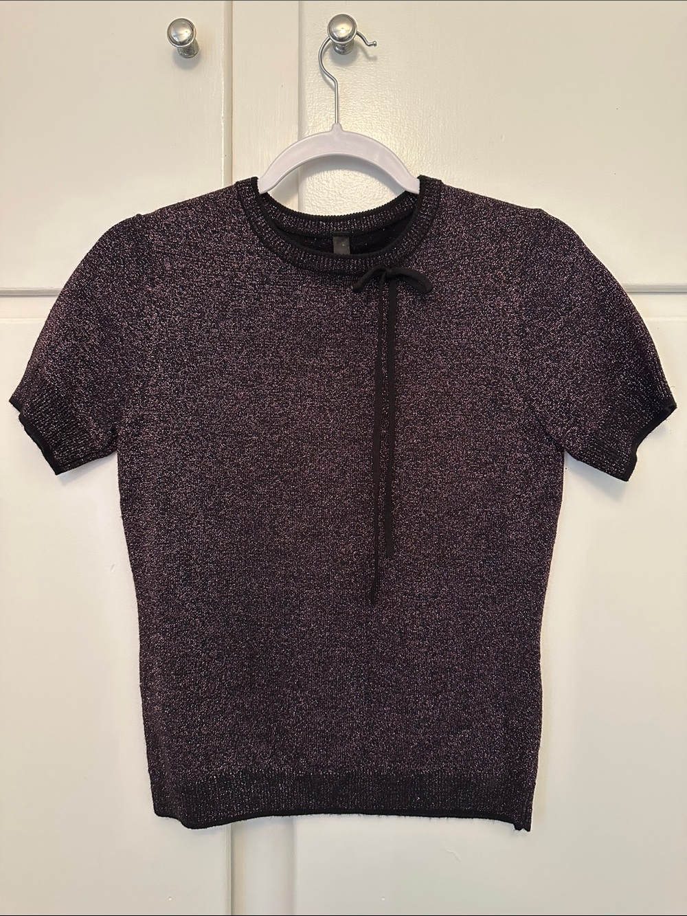 LIKE NEW Adam Selman Pink and Black Shimmer Sweater Short Sleeve Top with Bow